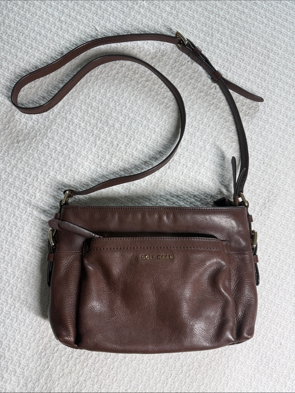 Cole Haan chocolate brown leather crossbody purse with gold hardware